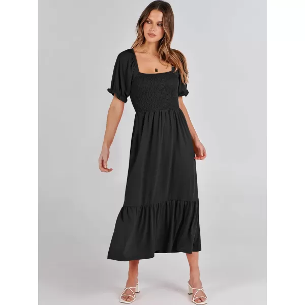 imageANRABESS Dresses for Women Summer Short Puff Sleeve Square Neck Midi Dress Flowy Tiered Beach Aline SundressBlack