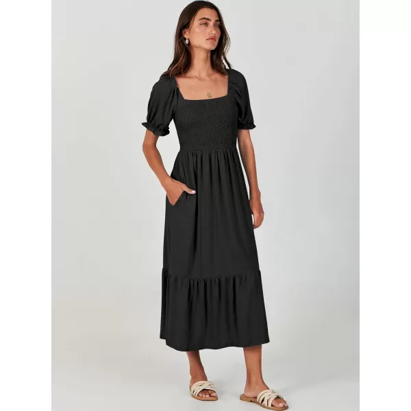 imageANRABESS Dresses for Women Summer Short Puff Sleeve Square Neck Midi Dress Flowy Tiered Beach Aline SundressBlack