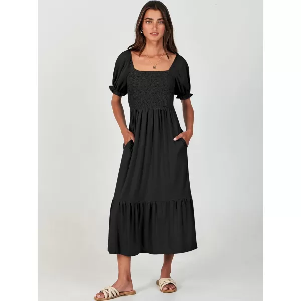 imageANRABESS Dresses for Women Summer Short Puff Sleeve Square Neck Midi Dress Flowy Tiered Beach Aline SundressBlack