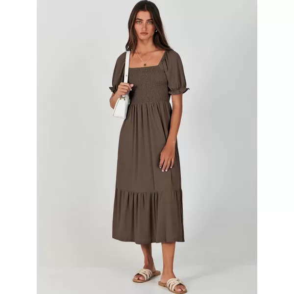 imageANRABESS Dresses for Women Summer Short Puff Sleeve Square Neck Midi Dress Flowy Tiered Beach Aline SundressCoffee