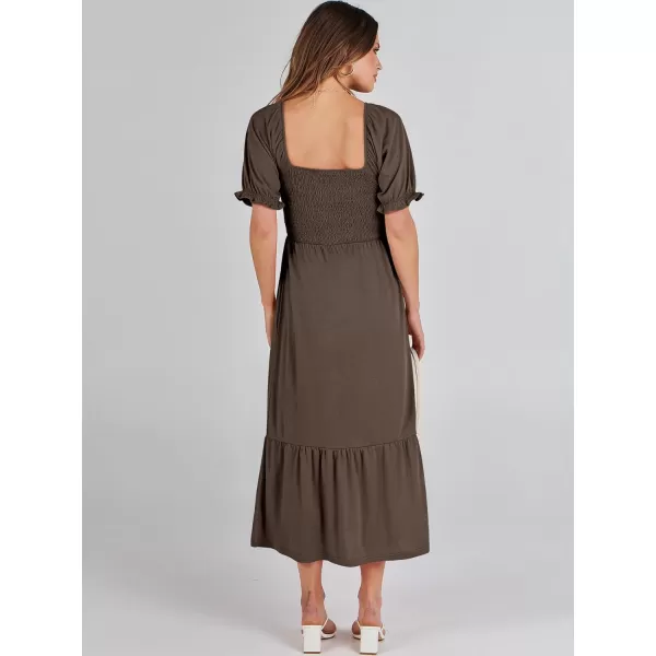 imageANRABESS Dresses for Women Summer Short Puff Sleeve Square Neck Midi Dress Flowy Tiered Beach Aline SundressCoffee
