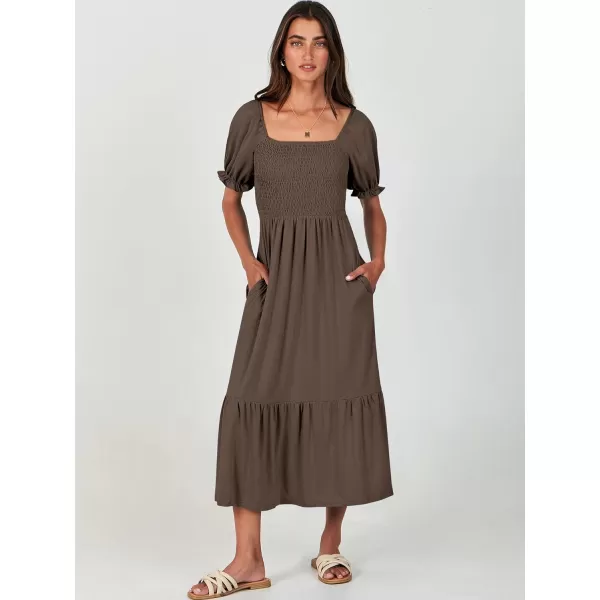 imageANRABESS Dresses for Women Summer Short Puff Sleeve Square Neck Midi Dress Flowy Tiered Beach Aline SundressCoffee