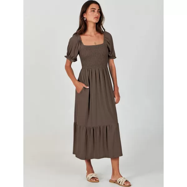 imageANRABESS Dresses for Women Summer Short Puff Sleeve Square Neck Midi Dress Flowy Tiered Beach Aline SundressCoffee
