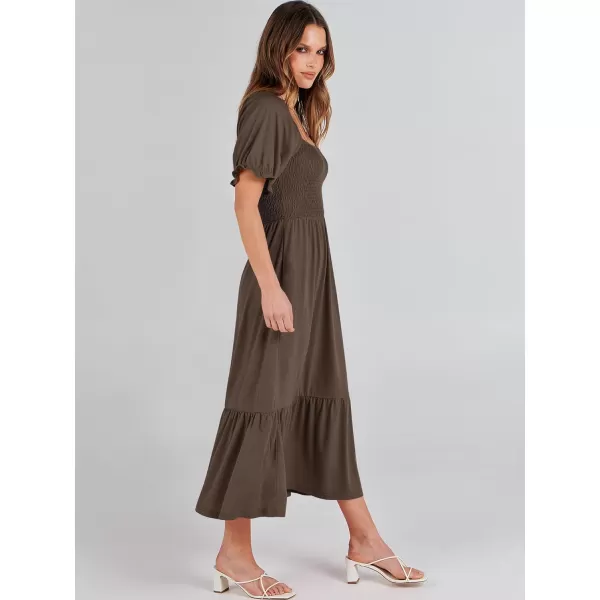 imageANRABESS Dresses for Women Summer Short Puff Sleeve Square Neck Midi Dress Flowy Tiered Beach Aline SundressCoffee