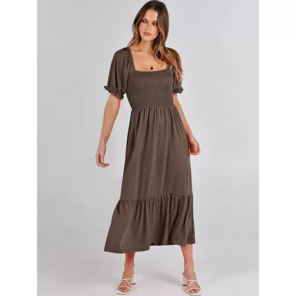imageANRABESS Dresses for Women Summer Short Puff Sleeve Square Neck Midi Dress Flowy Tiered Beach Aline SundressCoffee