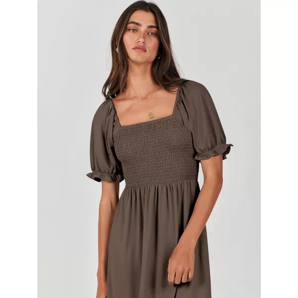 imageANRABESS Dresses for Women Summer Short Puff Sleeve Square Neck Midi Dress Flowy Tiered Beach Aline SundressCoffee