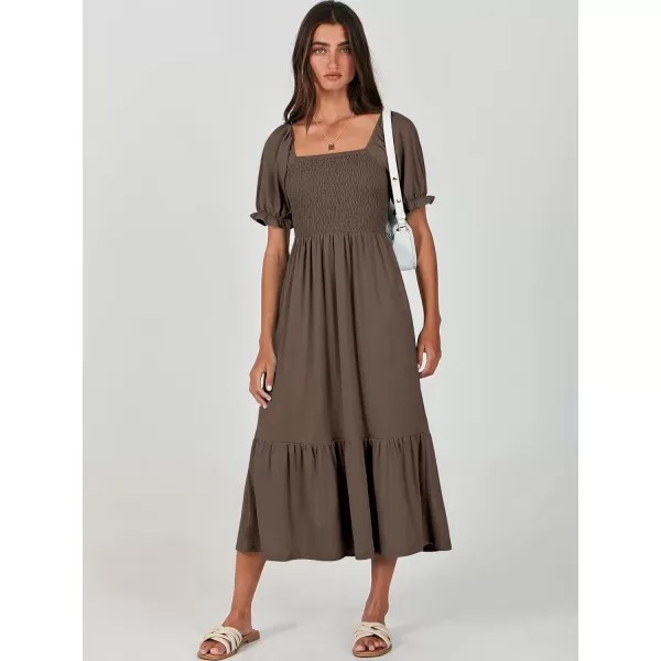 imageANRABESS Dresses for Women Summer Short Puff Sleeve Square Neck Midi Dress Flowy Tiered Beach Aline SundressCoffee