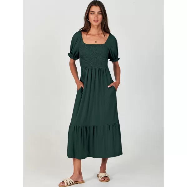imageANRABESS Dresses for Women Summer Short Puff Sleeve Square Neck Midi Dress Flowy Tiered Beach Aline SundressDeep Green