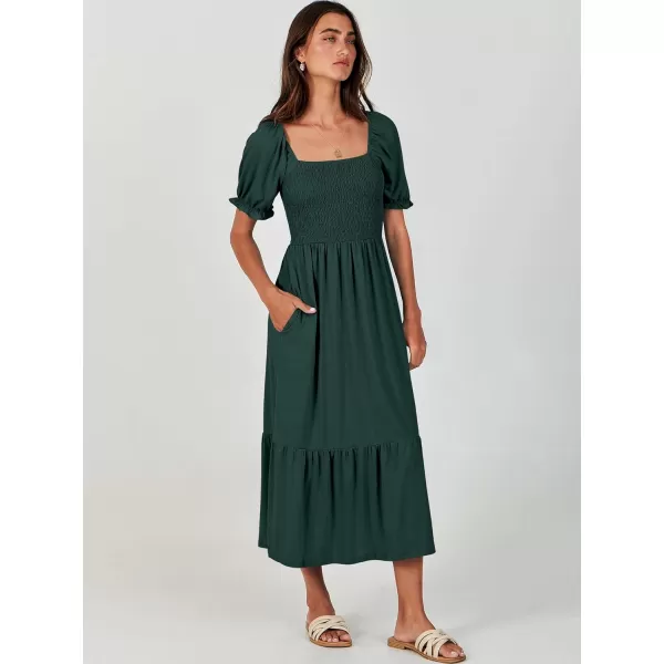 imageANRABESS Dresses for Women Summer Short Puff Sleeve Square Neck Midi Dress Flowy Tiered Beach Aline SundressDeep Green