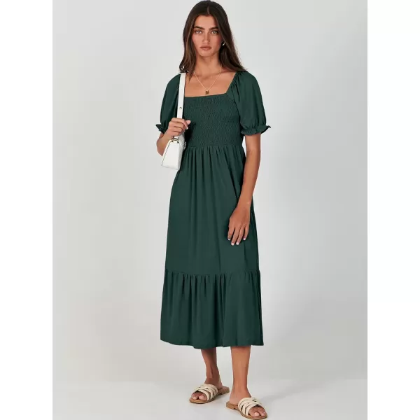 imageANRABESS Dresses for Women Summer Short Puff Sleeve Square Neck Midi Dress Flowy Tiered Beach Aline SundressDeep Green