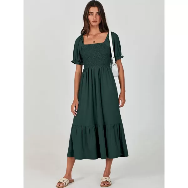 imageANRABESS Dresses for Women Summer Short Puff Sleeve Square Neck Midi Dress Flowy Tiered Beach Aline SundressDeep Green