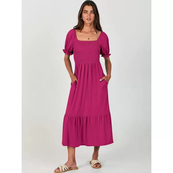 imageANRABESS Dresses for Women Summer Short Puff Sleeve Square Neck Midi Dress Flowy Tiered Beach Aline SundressHot Pink