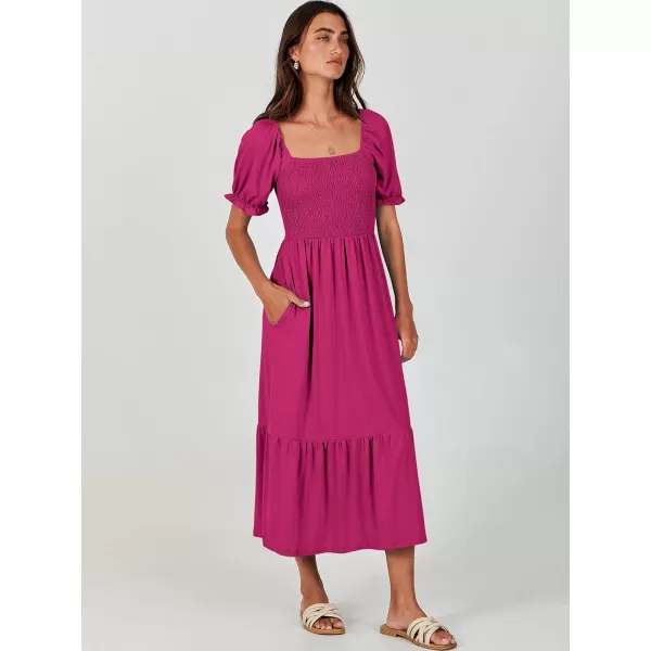 imageANRABESS Dresses for Women Summer Short Puff Sleeve Square Neck Midi Dress Flowy Tiered Beach Aline SundressHot Pink