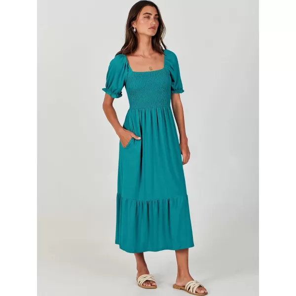 imageANRABESS Dresses for Women Summer Short Puff Sleeve Square Neck Midi Dress Flowy Tiered Beach Aline SundressLake Green