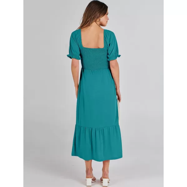 imageANRABESS Dresses for Women Summer Short Puff Sleeve Square Neck Midi Dress Flowy Tiered Beach Aline SundressLake Green