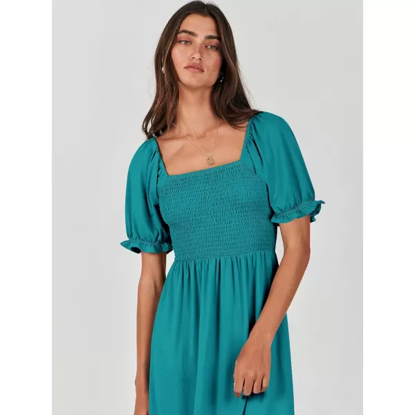 imageANRABESS Dresses for Women Summer Short Puff Sleeve Square Neck Midi Dress Flowy Tiered Beach Aline SundressLake Green