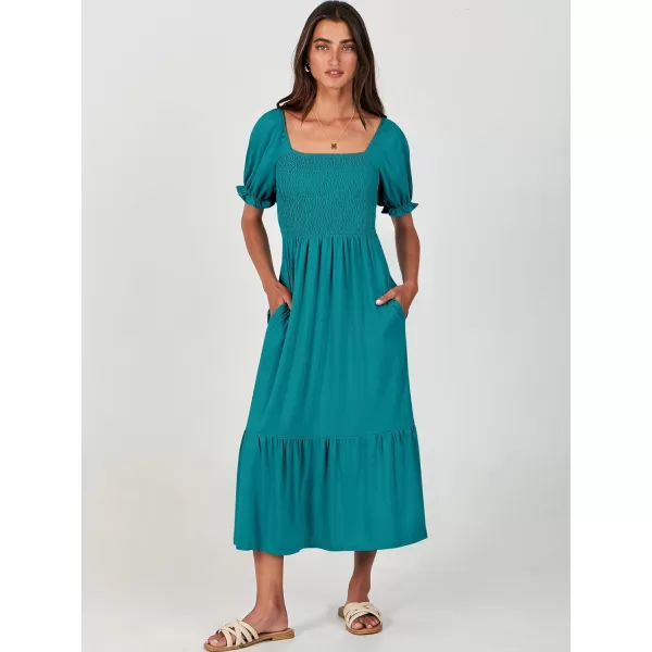imageANRABESS Dresses for Women Summer Short Puff Sleeve Square Neck Midi Dress Flowy Tiered Beach Aline SundressLake Green