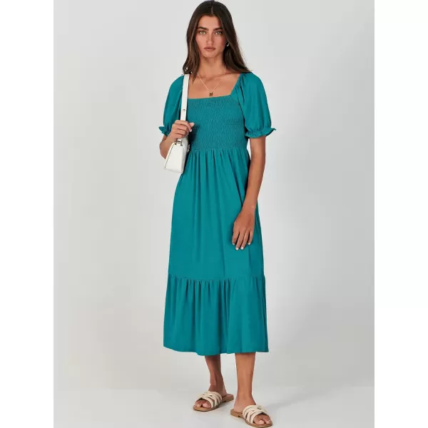 imageANRABESS Dresses for Women Summer Short Puff Sleeve Square Neck Midi Dress Flowy Tiered Beach Aline SundressLake Green