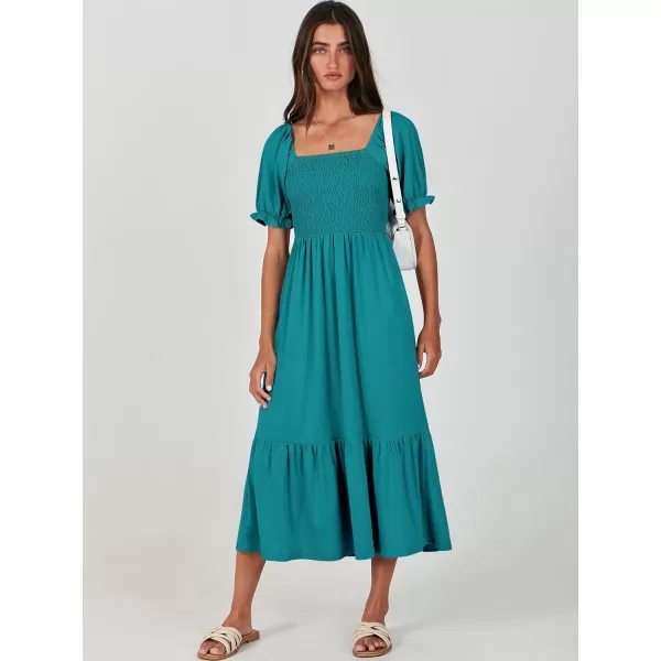 imageANRABESS Dresses for Women Summer Short Puff Sleeve Square Neck Midi Dress Flowy Tiered Beach Aline SundressLake Green