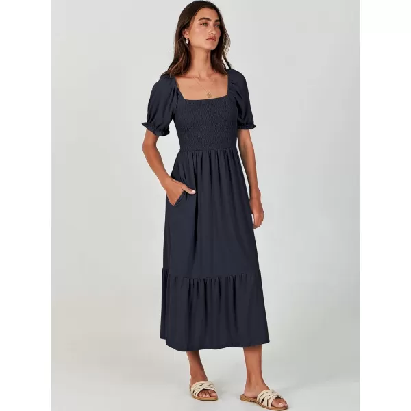 imageANRABESS Dresses for Women Summer Short Puff Sleeve Square Neck Midi Dress Flowy Tiered Beach Aline SundressNavy Blue