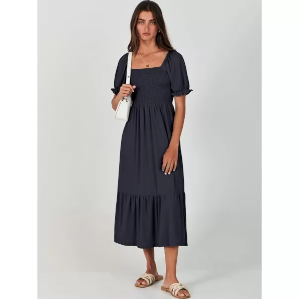imageANRABESS Dresses for Women Summer Short Puff Sleeve Square Neck Midi Dress Flowy Tiered Beach Aline SundressNavy Blue