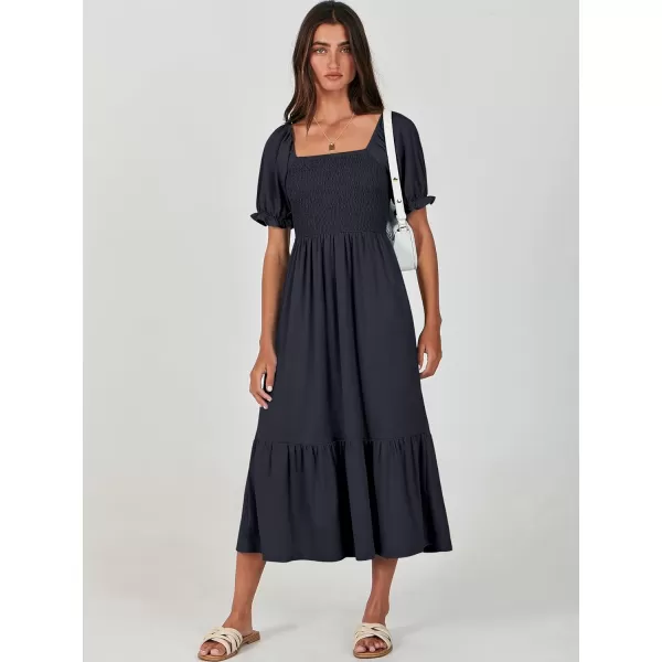 imageANRABESS Dresses for Women Summer Short Puff Sleeve Square Neck Midi Dress Flowy Tiered Beach Aline SundressNavy Blue
