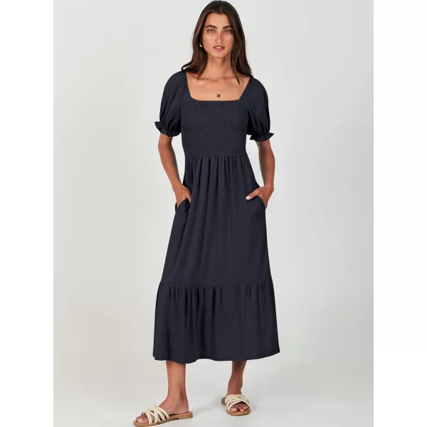 imageANRABESS Dresses for Women Summer Short Puff Sleeve Square Neck Midi Dress Flowy Tiered Beach Aline SundressNavy Blue