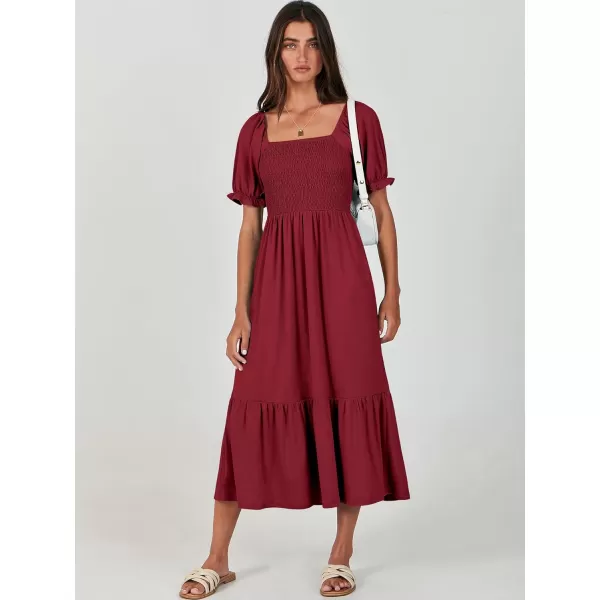 imageANRABESS Dresses for Women Summer Short Puff Sleeve Square Neck Midi Dress Flowy Tiered Beach Aline SundressWine Red