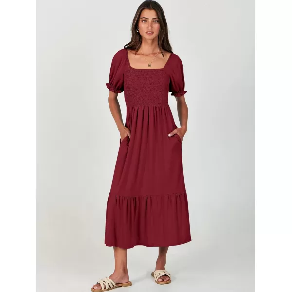 imageANRABESS Dresses for Women Summer Short Puff Sleeve Square Neck Midi Dress Flowy Tiered Beach Aline SundressWine Red