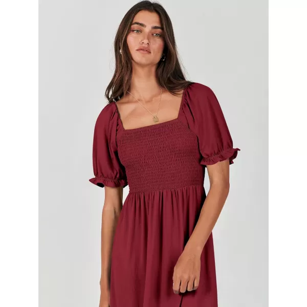 imageANRABESS Dresses for Women Summer Short Puff Sleeve Square Neck Midi Dress Flowy Tiered Beach Aline SundressWine Red