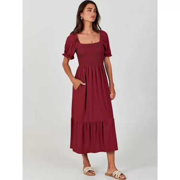 imageANRABESS Dresses for Women Summer Short Puff Sleeve Square Neck Midi Dress Flowy Tiered Beach Aline SundressWine Red