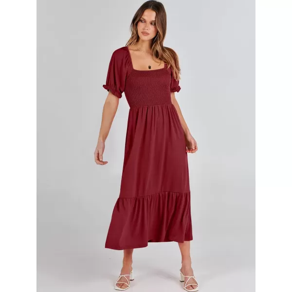 imageANRABESS Dresses for Women Summer Short Puff Sleeve Square Neck Midi Dress Flowy Tiered Beach Aline SundressWine Red