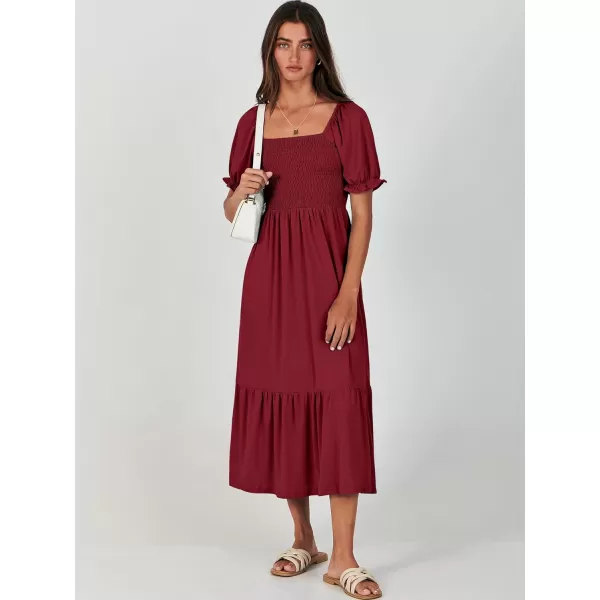 imageANRABESS Dresses for Women Summer Short Puff Sleeve Square Neck Midi Dress Flowy Tiered Beach Aline SundressWine Red