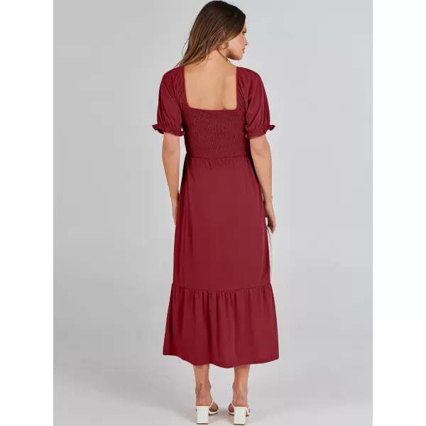 imageANRABESS Dresses for Women Summer Short Puff Sleeve Square Neck Midi Dress Flowy Tiered Beach Aline SundressWine Red