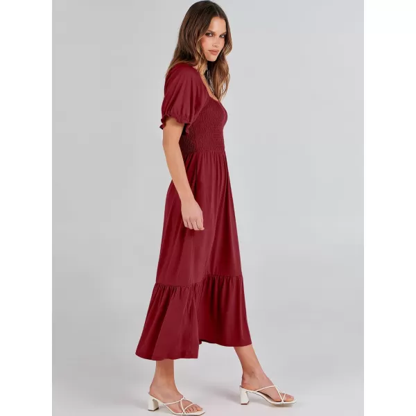 imageANRABESS Dresses for Women Summer Short Puff Sleeve Square Neck Midi Dress Flowy Tiered Beach Aline SundressWine Red