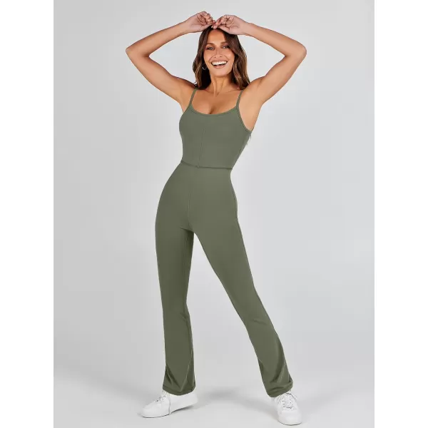 imageANRABESS Flare Jumpsuits for Women One Piece Sleeveless Square Neck Full Body Bodycon Yoga Workout Casual Unitard RompersArmy Green