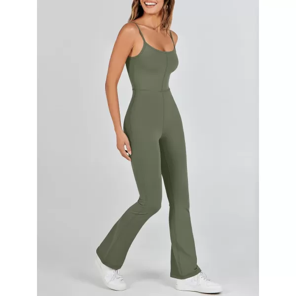 imageANRABESS Flare Jumpsuits for Women One Piece Sleeveless Square Neck Full Body Bodycon Yoga Workout Casual Unitard RompersArmy Green