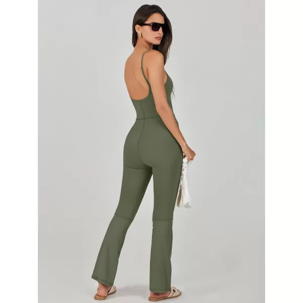 imageANRABESS Flare Jumpsuits for Women One Piece Sleeveless Square Neck Full Body Bodycon Yoga Workout Casual Unitard RompersArmy Green