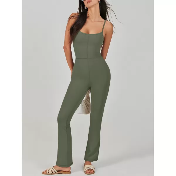 imageANRABESS Flare Jumpsuits for Women One Piece Sleeveless Square Neck Full Body Bodycon Yoga Workout Casual Unitard RompersArmy Green