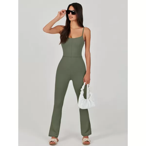 imageANRABESS Flare Jumpsuits for Women One Piece Sleeveless Square Neck Full Body Bodycon Yoga Workout Casual Unitard RompersArmy Green