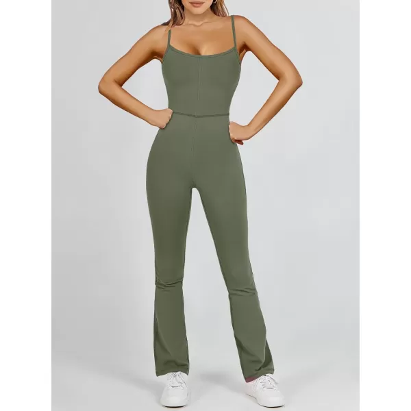 imageANRABESS Flare Jumpsuits for Women One Piece Sleeveless Square Neck Full Body Bodycon Yoga Workout Casual Unitard RompersArmy Green