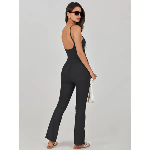 imageANRABESS Flare Jumpsuits for Women One Piece Sleeveless Square Neck Full Body Bodycon Yoga Workout Casual Unitard RompersBlack