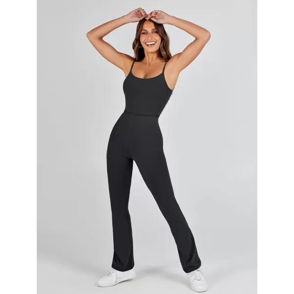 imageANRABESS Flare Jumpsuits for Women One Piece Sleeveless Square Neck Full Body Bodycon Yoga Workout Casual Unitard RompersBlack