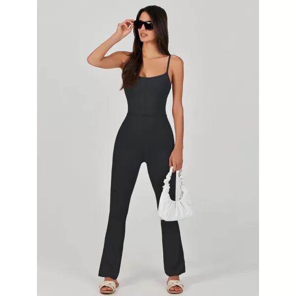 imageANRABESS Flare Jumpsuits for Women One Piece Sleeveless Square Neck Full Body Bodycon Yoga Workout Casual Unitard RompersBlack
