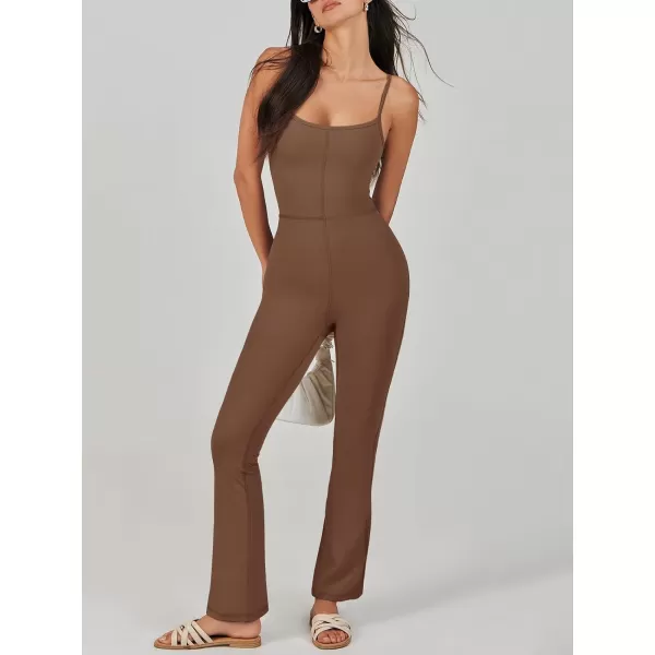 imageANRABESS Flare Jumpsuits for Women One Piece Sleeveless Square Neck Full Body Bodycon Yoga Workout Casual Unitard RompersBrown