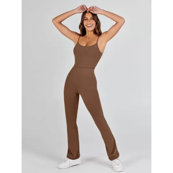 imageANRABESS Flare Jumpsuits for Women One Piece Sleeveless Square Neck Full Body Bodycon Yoga Workout Casual Unitard RompersBrown