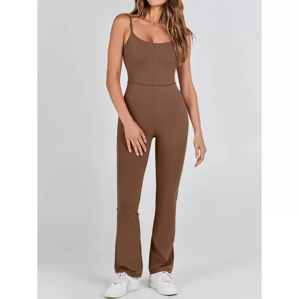 imageANRABESS Flare Jumpsuits for Women One Piece Sleeveless Square Neck Full Body Bodycon Yoga Workout Casual Unitard RompersBrown