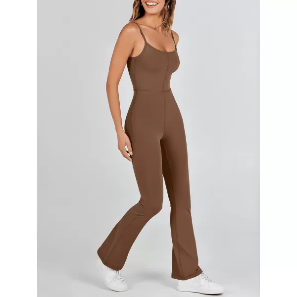 imageANRABESS Flare Jumpsuits for Women One Piece Sleeveless Square Neck Full Body Bodycon Yoga Workout Casual Unitard RompersBrown