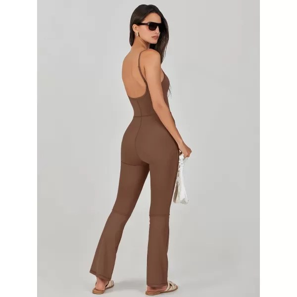imageANRABESS Flare Jumpsuits for Women One Piece Sleeveless Square Neck Full Body Bodycon Yoga Workout Casual Unitard RompersBrown