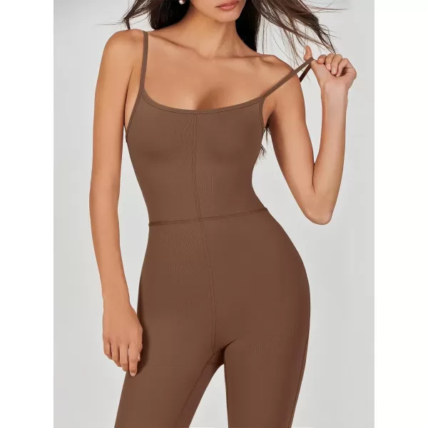 imageANRABESS Flare Jumpsuits for Women One Piece Sleeveless Square Neck Full Body Bodycon Yoga Workout Casual Unitard RompersBrown